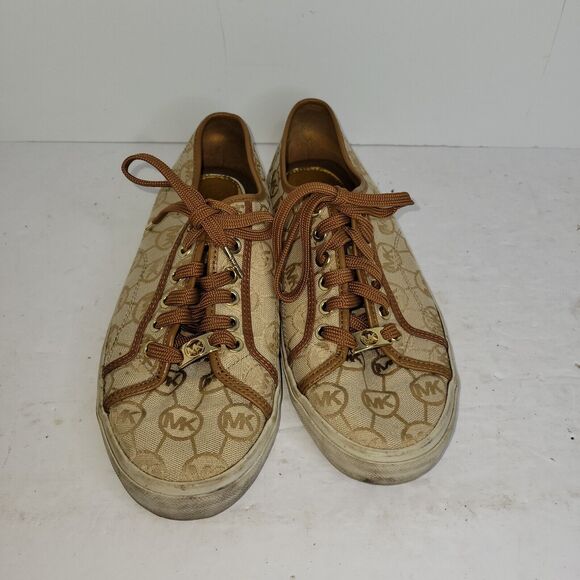 Michael Kors Womens Sz 9.5 M Brown MK Monogram Canvas Beige Sneakers Preppy Gold - Picture 3 of 14